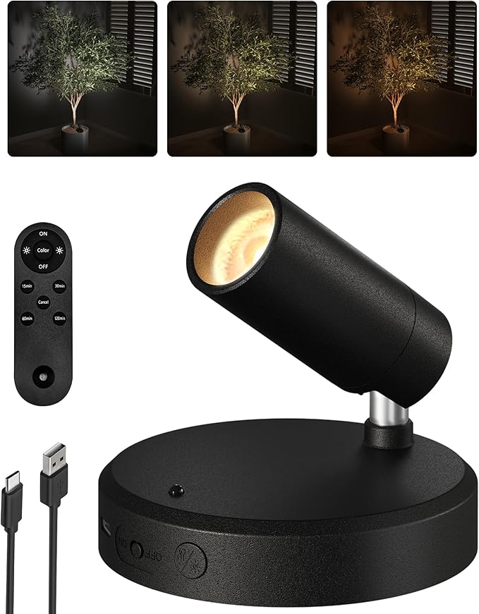 EZVALO Wireless LED Spotlights Indoor, 5500mAh Rechargeable Battery Powered Plants Spotlights Indoor, Dimmable & Timer, 3 CCT Small Up Lights with Remote, Accent Uplighting for Artwork, Tree(Black)