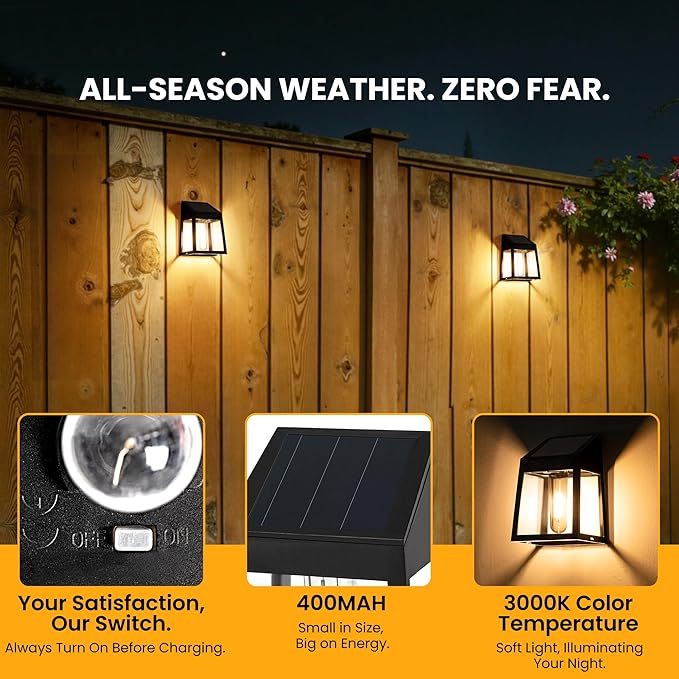 GIGALUMI Solar Fence Lights, 2 Pack Fence Outdoor Waterproof Lights Solar Powered, Warm White Yard Decorations for Garden, Post, Front Door, Backyard, Porch, Deck