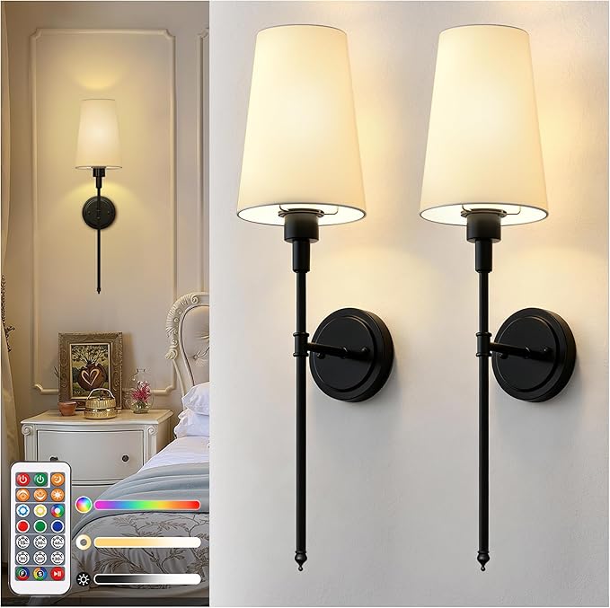 DORESshop Battery Operated Wall Sconce Set of 2, Wireless Wall Light Easy to Install, 15 Color Rechargeable Wall Sconces, Sconce Wall Decor Set of 2 for Bedroom, Living Room, Black, 27in