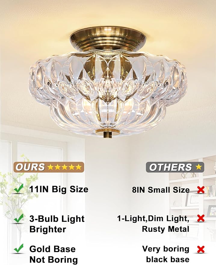 Semi Flush Mount Ceiling Light,11IN Vintage Gold Hallway Lights Fixture,3-Bulb Globe Clear Glass Close to Ceiling Light for Bathroom, Hallway, Dining Room,Bulb Not Included