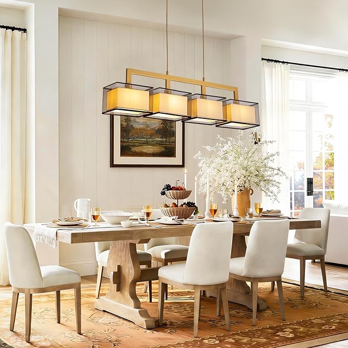 Modern 4-Light Linear Chandelier,Kitchen Island Light with Fabric Drum Shade, Adjustable Height Rectangular Pendant for Dining Room, Living Room, Hallway (L44 INxW7 in xH11 in)