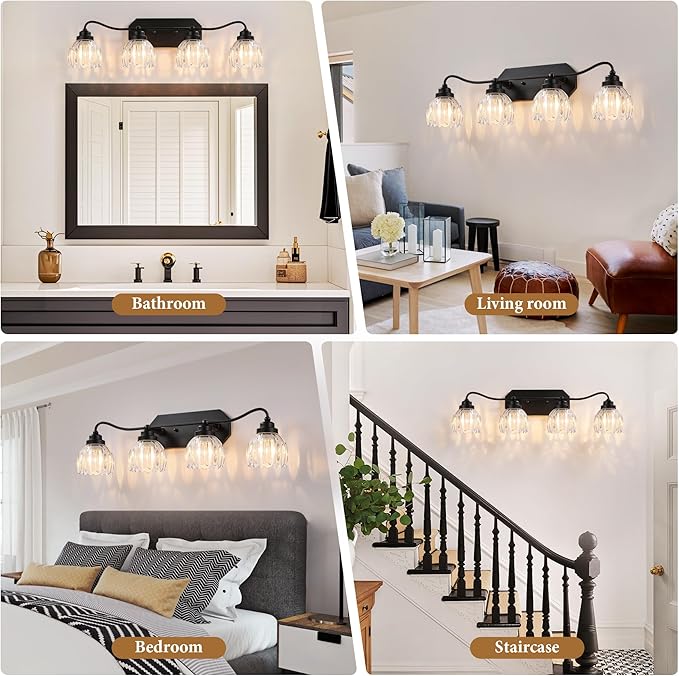 Vintage Bathroom Light Fixtures, 4 Light Bathroom Vanity Light, Black Matte Antique Brass Finish with Crystal Glass Shade, Mid Century Wall Sconces for Bedroom, Living Room, Hallway
