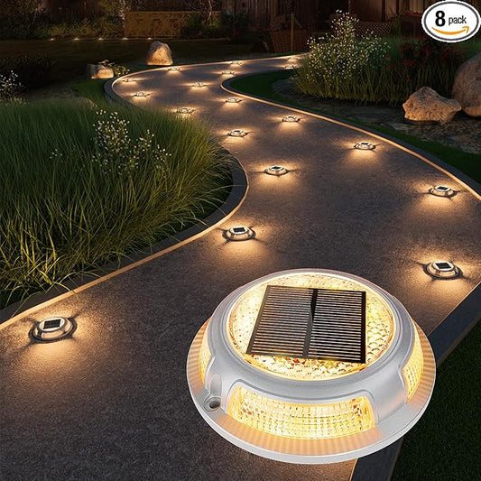 VOLISUN Solar Driveway & Deck Lights 8 Pack Waterproof Dock & Marine Ground Lights,2-in-1 Warm White & White LED,Solar Marker for Pathways,Steps,and Warning Signs,Auto On/Off