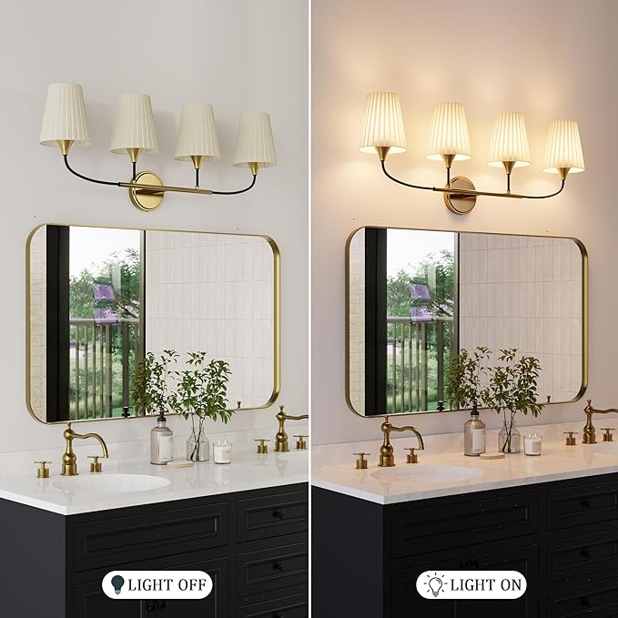 4-Light Bathroom Light Fixtures, Black Gold Bathroom Vanity Light Over Mirror, Modern Light Fixture with Flared Fabric Shade for E26 Bulb, Wall Sconce Light for Bedroom, Hallway with ETL