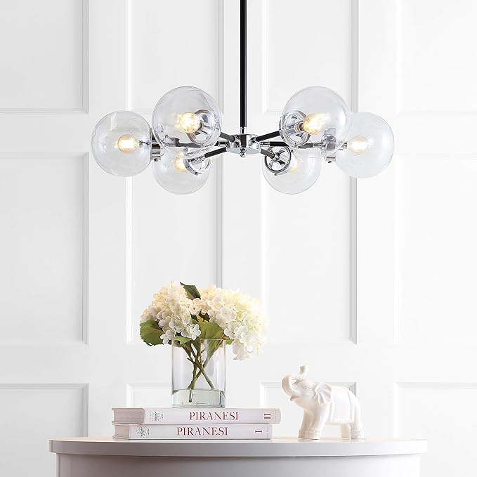 JONATHAN Y 28" Chrome/Black Modern 6-Light Cluster Pendant Chandelier, Clear Glass Shade Hanging Fixture for Kitchen Island Dining Room, LED Bulbs Included, Dimmable (JYL9059A)