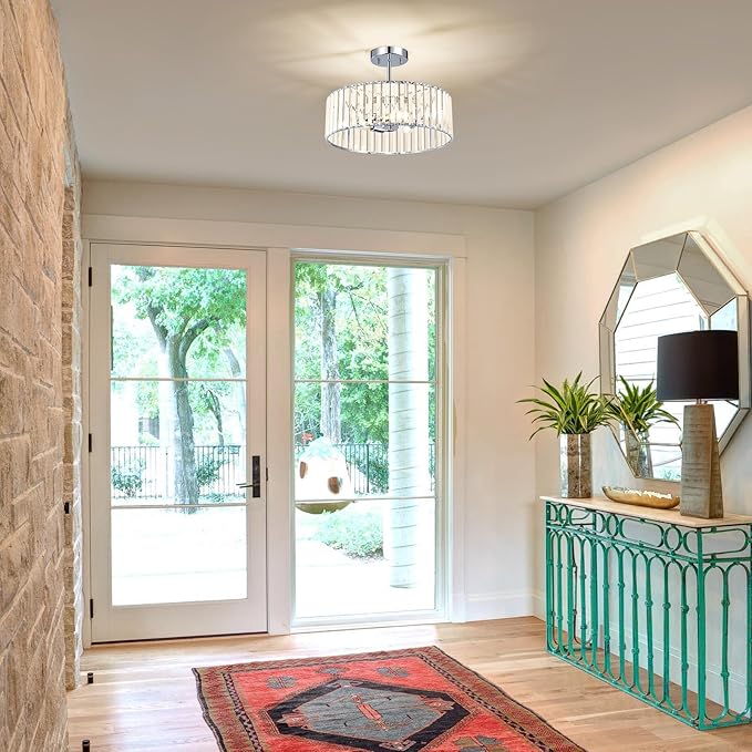 Crystal Chrome Semi Flush Mount Ceiling Light Modern Hallway Light Fixture Metal Close to Lamp for Kitchen Living Room Bathroom Entryway Bedroom(15.75 inch)