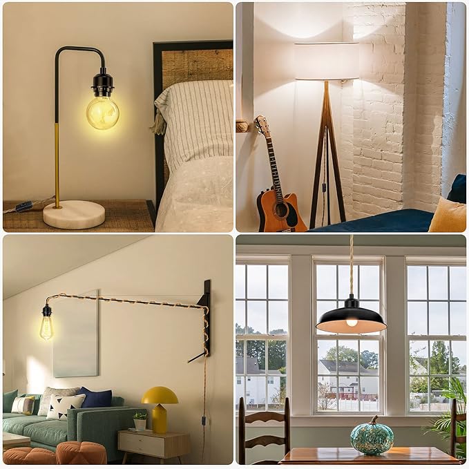 LYOOWNG Plug in Pendant Light Cord, Farmhouse Hanging Lights with Plug in Cord, 15FT Hemp Rope Plugin Hanging Light Cord Kit with On/Off Switch, E26 E27 Light SocketCord, Bulb NOT Included