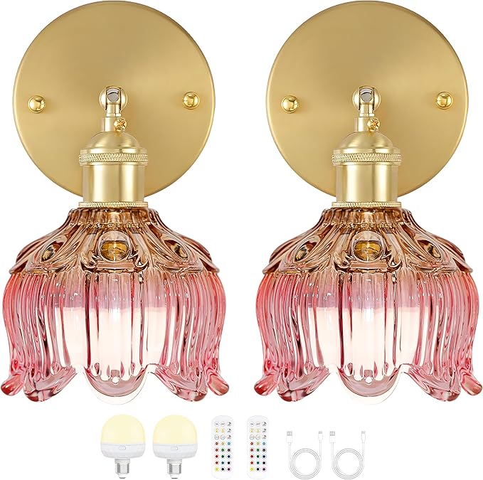 Vintage Battery Wall Sconce with Flower lampshade,Rechargeable Battery Powered Wall Lights,Wall lamp with 15 Colors for Bedroom Living Room Home Decor (Flower Pink, 2 Light Battery Operated)