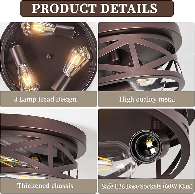 13 inch Flush Mount Ceiling Light Fixtures,3-Light Modern Hallway Light Fixtures Ceiling, Brown Lights Fixture Ceiling Mount for Farmhouse,Kitchen, Bedroom 1 Pack