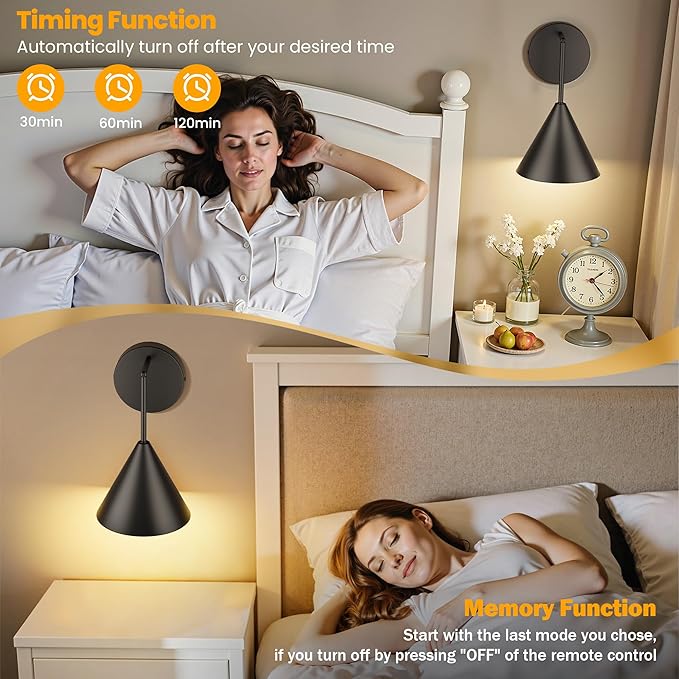MATAMEYE Rechargeable Wall Sconce, Black Wireless Battery Operated Wall Lamp with Remote, Dimmable & Timer, Modern Industrial Indoor Light Fixture, Bulb Included