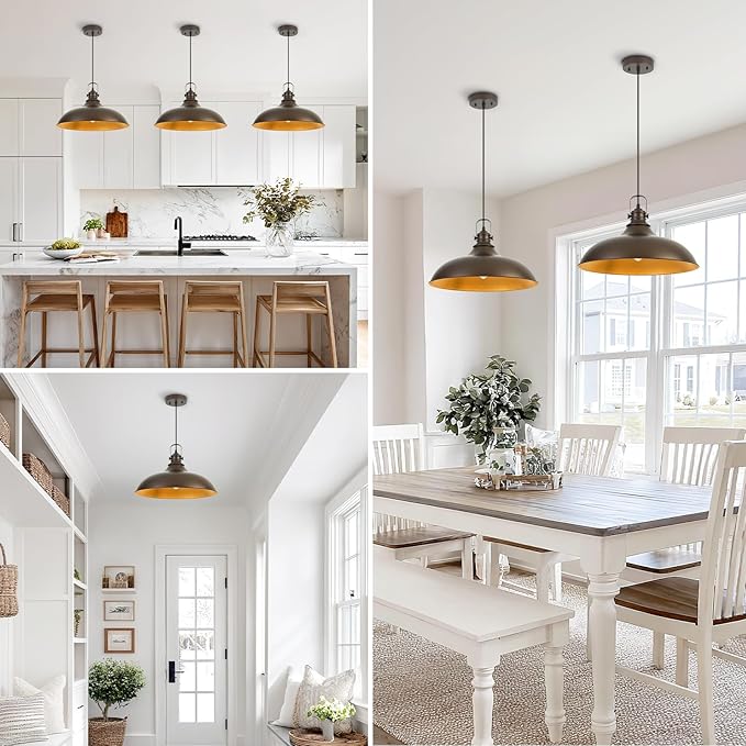 Refice 17 Inch Farmhouse Pendant Lights Kitchen Island Oil Rubbed Bronze Pendant Lighting Industrial Dome Island Pendant Lights, Adjustable Height, Hanging Lights, Dining Room, Barn