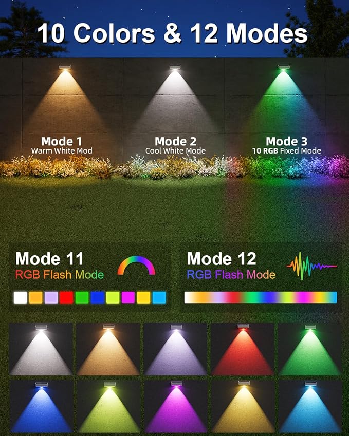 JOFIOS Solar Fence Lights Outdoor, 8 Pack, 50LM Ultra Bright, 3 Color Temperatures & RGB, IP65 Waterproof, Dusk-to-Dawn Solar Powered Fence Lights for Patio, Railing (White)