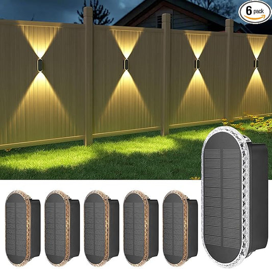 Ellasay Solar Fence Lights Outdoor: 6-Pack Solar Powered Wall Lights Up and Down Waterproof IP65-3 Color Brighter LED Focus Lens SolarLights Dusk to Dawn 12h for Patio/Backyard/Porch/Railing