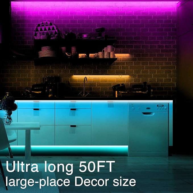 phopollo LED Lights for Bedroom 50FT, 5050 LED Strip Lights with 44 Key IR Remote Controller and 12V Power Supply for Home Decoration