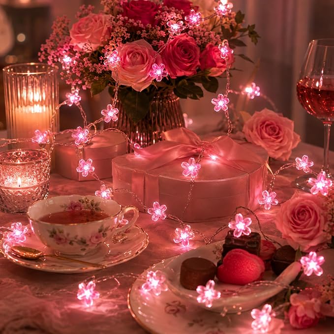 Pink Cherry Blossom Fairy Flower Lights, USB/Battery Operated Floral Lamp | Decorative Flower String Lights For Bedroom,Christmas, Easter, Wedding, Party, Birthday, Valentine'S Day Indoor Outdoor Decor