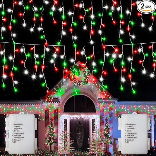 2 Pack Red White Green Christmas Icicle Lights Battery Operated, Total 204 LED Twinkle Icicle Lights 20Ft Clear Wire with 8 Lighting Modes Timer Function for Outdoor Indoor House Party Decoration