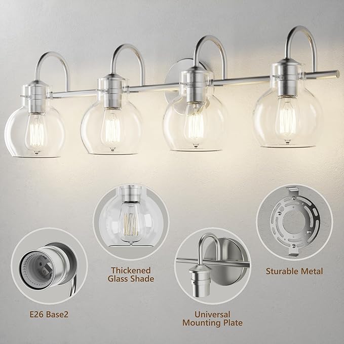 4-Light Bathroom Light Fixtures, Brushed Nickel Vanity Light, Farmhouse Wall Lights with Clear Glass Shade, Bathroom Wall Lamp for Mirror Kitchen Bedroom Hallway Living Room Hallway Cabinet