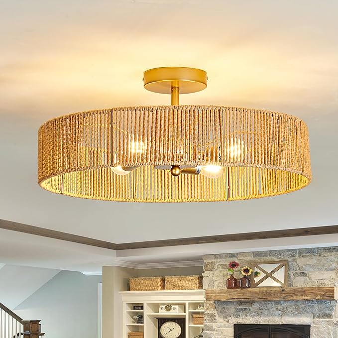 hesoge Boho Rattan Ceiling Light Fixture Vintage Gold Semi Flush Mount Ceiling Light 20 Inches Round 4 Light Chandelier for Farmhouse Hallway Bedroon Living Room Dining Room Kitchen Island