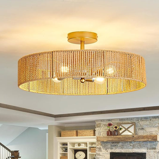 hesoge Boho Rattan Ceiling Light Fixture Vintage Gold Semi Flush Mount Ceiling Light 20 Inches Round 4 Light Chandelier for Farmhouse Hallway Bedroon Living Room Dining Room Kitchen Island