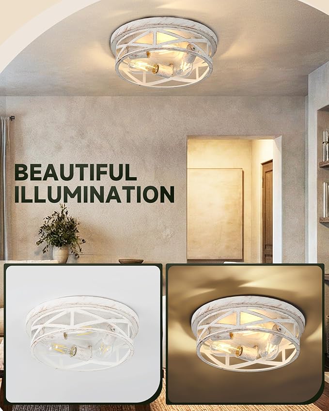 1 Pack Flush Mount Ceiling Light, 3-Light Close to Ceiling Light Fixtures, 13 Inch Metal Ceiling Lights for Bedroom, Living Room, Porch Kitchen (White + Gold)