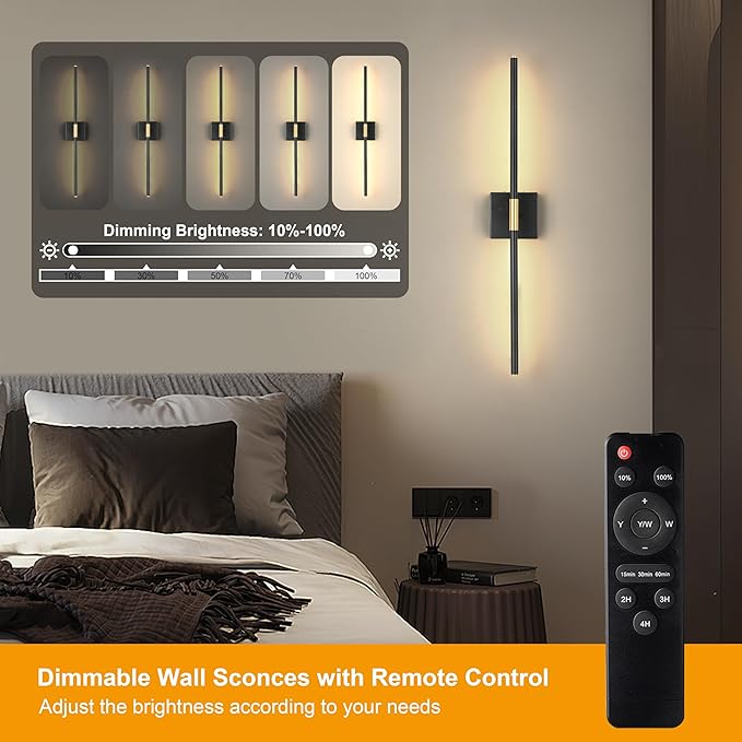 Morauroral Battery Operated Wall Sconces Set of 2, Dimmable 3 Color Battery Wall Sconce with Remote, Black Gold LED Rechargeable Sconces, 24 Inch Modern Wireless Wall Lights for Bedroom, Living Room