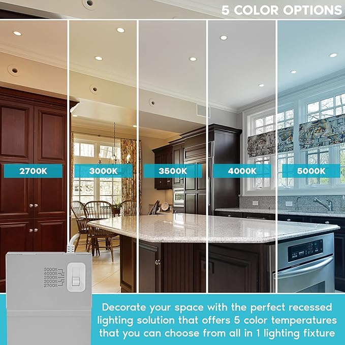 LUXRITE 4 Inch Ultra Thin LED Recessed Lighting, 10.5W, 5 Color Selectable 2700K | 3000K | 3500K | 4000K | 5000K, CRI 90, 750 Lumens, Dimmable LED Wafer Lights, Wet Rated, Baffle Trim (4 Pack)