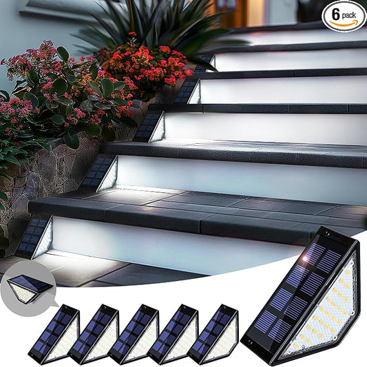 PATIOWIN 6 Pack Solar Step Lights for Outside, 24 LEDs Solar Stair Lights Waterproof IP65, Solar Deck Lights Outdoor Decor for Garden, Porch, Pathway, Patio, Fence(Cold White)