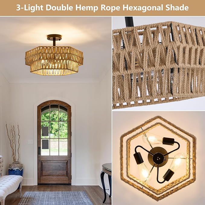 XSDeTu Farmhouse Semi Flush Mount Ceiling Light, 3-Light Boho Light Fixtures，Rustic Woven Hemp Rope Ceiling Lamp, Double Hexagonal Flush Mount Light Fixture for Hallway, Kitchen, Bedroom