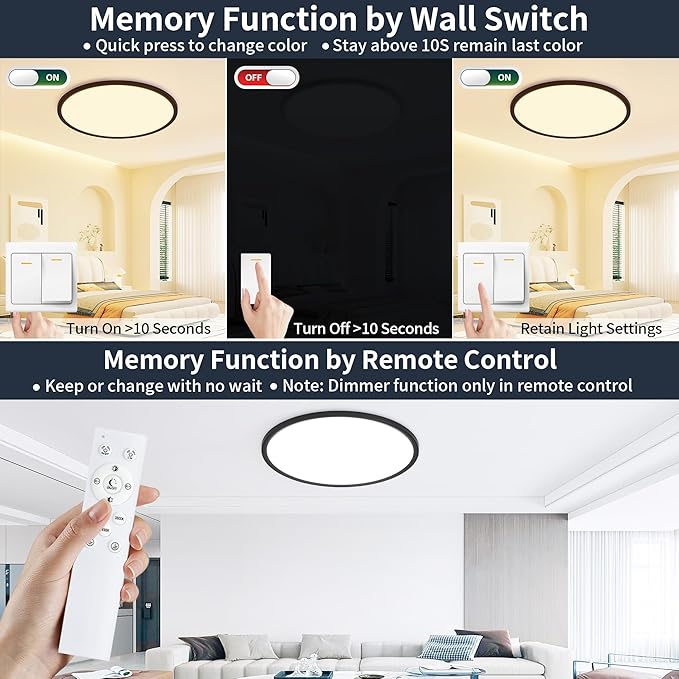 19 Inch Flush Mount Ceiling Light with Night Light, 45W 4500LM, Dimmable LED Ceiling Lights Fixture with Remote Control, 3000K/4000K/6500K Selectable, Slim Bright Bedroom Light Fixture, Round Black
