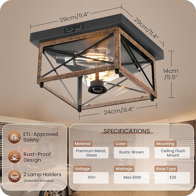 Outdoor Ceiling Light with Motion Sensor, Flush Mount Porch Ceiling Lights Outdoor, 2-Light Farmhouse Metal Close to Ceiling Light Fixture for Patio, Hallway, Garage, Rustic Brown FT09XD05W1