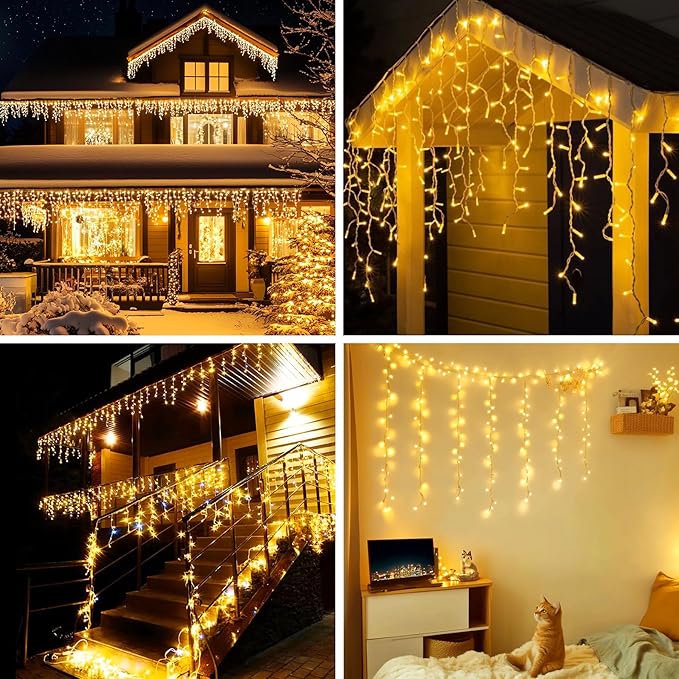 Icicle LED Christmas Lights Outdoor, 624 LED 59FT 8 Modes with 96 Drops Warm White Icicle Lights,Outdoor Indoor Fairy String Lights for Christmas Party,Holiday,Wedding Decorations