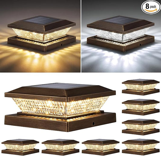 Mlambert 4x4 Solar Post Cap Lights Outdoor 8 Pack, Waterproof Solar Fence Light for Wooden/Vinyl Post, 2 Color Outside Deck Patio Porch Decor, Brown