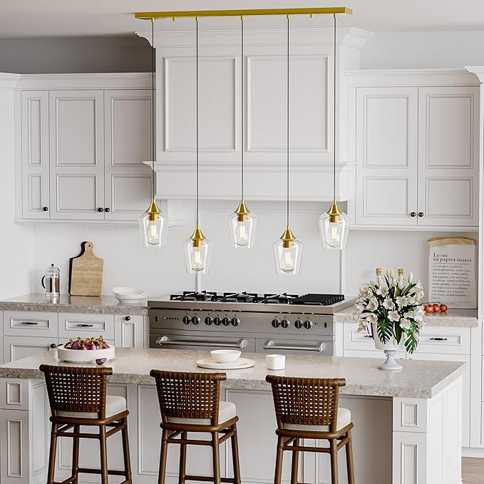 VONLUCE Pendant Lights Kitchen Island, Brushed Gold Pendant Light Fixtures with E26 Base & Adjustable Cable, Modern Pendant Lighting with Glass Shade for Living Room Bedroom Hallway, 5-Light
