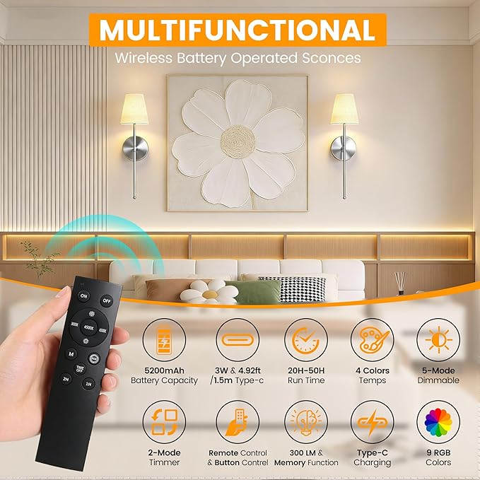 LUTEC Battery Operated Wall Sconce Set of 2,Rechargeable Wall Sconce, 12 Colors Wireless Wall Sconces with 5200mAh RGB Dimmable and Remote,Rechargeable Sconces Decor for Bedroom/Living Room/Hallway
