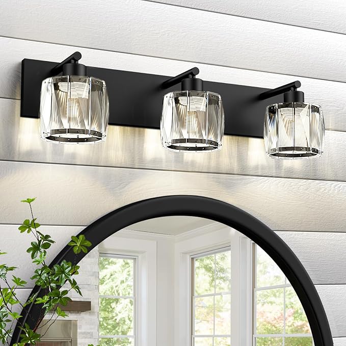 VOLISUN Crystal Vanity Lights for Bathrooms, 3 Light Bathroom Vanity Light, Modern Matte Black Bathroom Light Over Mirror, Black Bathrooms Lights Fixtures-UL Certificated(Exclude Bulb)