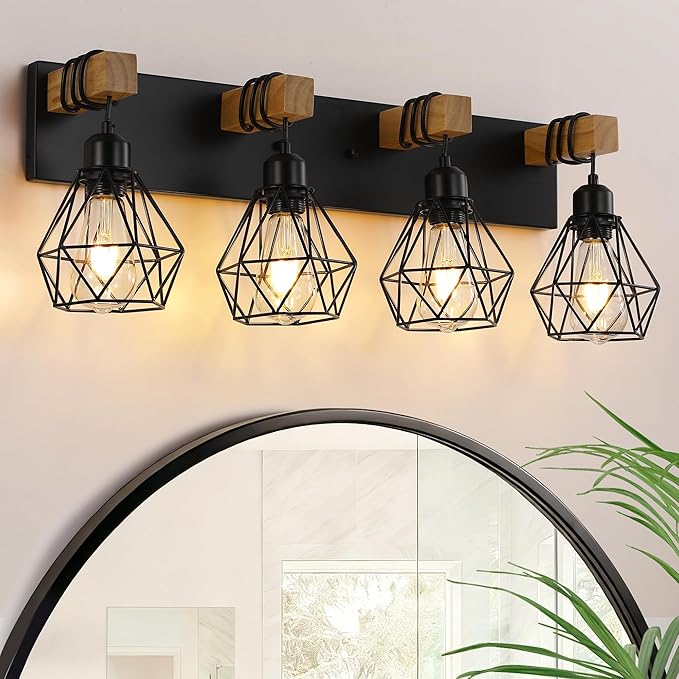 4 Light Farmhouse Vanity Light for Bathroom, Wood Bathroom Vanity Light Fixtures Over Mirror, Rustic Sconces Wall Lighting with Metal Lampshade for Living Room, Bedroom, Hallway