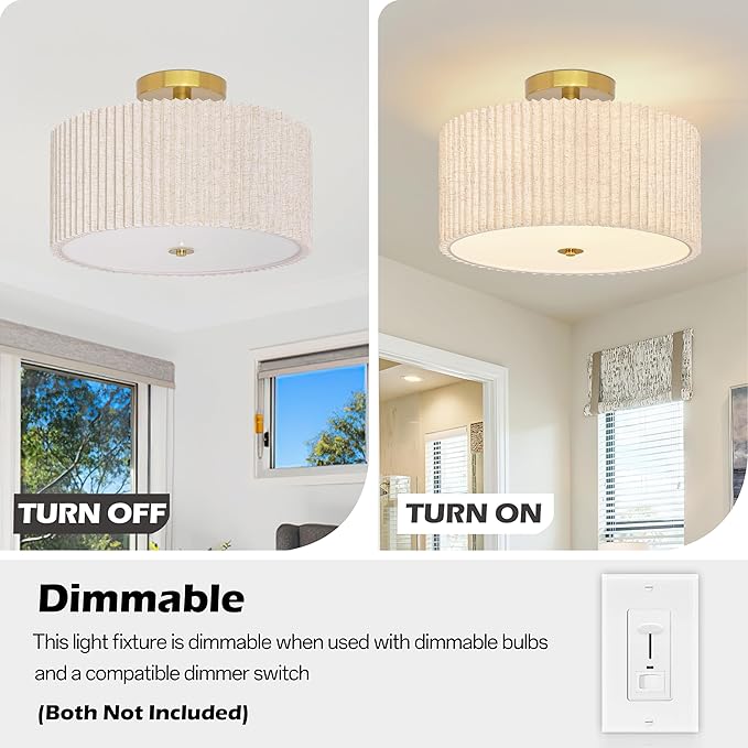 Bagood 3-Light Semi Flush Mount Lights Fixture Drum Ceiling Light with Pleated Fabric Shade Gold Semi Flush Mount Ceiling Lights 16 Inch Close to Light Fixtures for Living Room Hallway