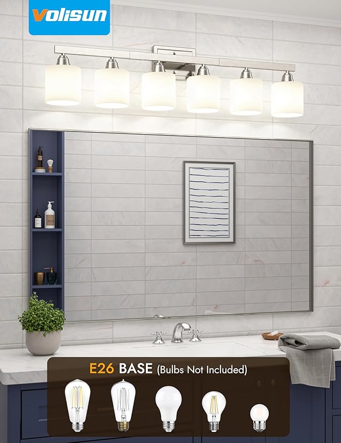 VOLISUN Brushed Nickel Bathroom Light Fixtures, 6-Light Bathroom Vanity Lights Over Mirror, Modern Vanity Light for Bathrooms, Bathrooms Lights Fixtures Over Mirror with Milky White Glass Shades