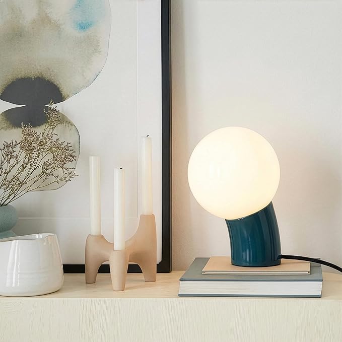 Brightech Vino LED Table Lamp - Small 8" Modern Dimmable Metal Lamp with USB-C Charging, Frosted Glass Globe Shade - Warm White Accent Light for Bedroom, Living Room, Bedside, Nightstand - Teal