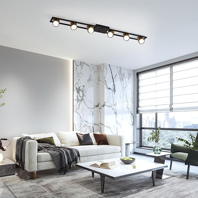 Garwarm Modern Ceiling Light Track Lighting Fixtures, 48.4 Inch Dimmable LED Kitchen Ceiling Light with Remote 6-Light Black LED Chandelier for Dining Room Bedroom
