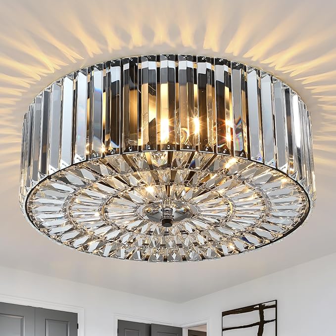 Large Crystal Ceiling Light, 17.5" Black K9 Crystal Flush Mount Ceiling Light, 4-Light Round Luxury Light Fixture for Dining Room, Bedroom, Hotel, Living Room, XDD007-4-BK