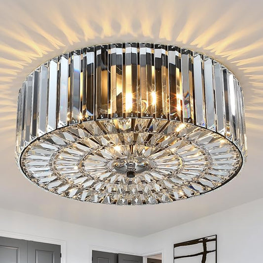 Large Crystal Ceiling Light, 17.5" Black K9 Crystal Flush Mount Ceiling Light, 4-Light Round Luxury Light Fixture for Dining Room, Bedroom, Hotel, Living Room, XDD007-4-BK