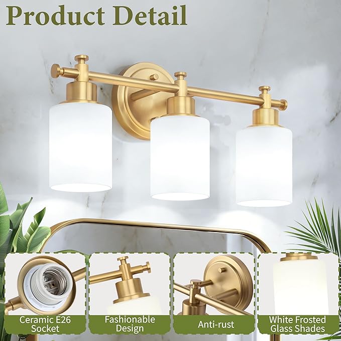3-Light Bathroom Vanity Light, Brushed Gold Vanity Lights for Bathroom, Modern Champagne Gold Wall Sconce with White Glass Shades, Anti-Rust Light Fixtures over Mirror (Bulbs Not Included, E26 Base)