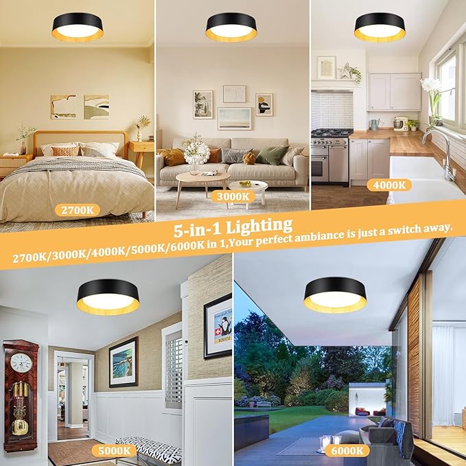 BrightHome 16in Flush Mount Ceiling Light, 3000LM 30W(300W Equiv), LED Ceiling Light Fixture 5CCT 2700K 3000K 4000K 5000K 6000K, Dimmable Ceiling Lamp for Bedroom Bathroom Hallway, Black and Wood