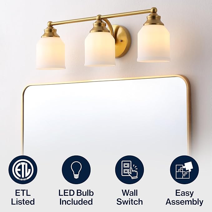 JONATHAN Y 24" Brass Gold/White Modern Farmhouse LED Vanity Light Wall Sconce Fixture, Frosted White Glass Shade, Dimmable Wall Lamp for Bathroom Mirror Kitchen Sink, UL Listed (JYL7551B)