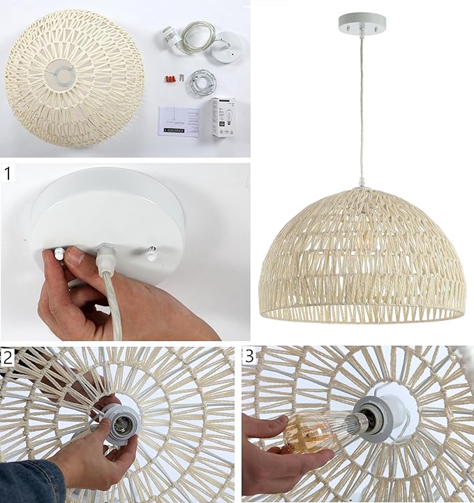 JONATHAN Y 8.25" White Modern Bohemian Woven Rope LED Pendant Light Fixture, Adjustable Dome Ceiling Lamp for Kitchen Island, Rope Shade, Coastal Farmhouse Decor (JYL6512A)