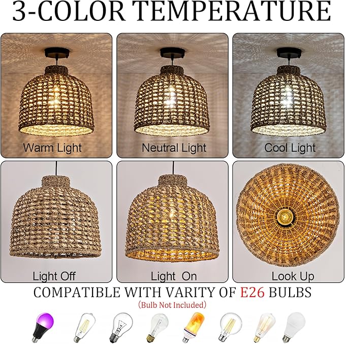 Rattan Pendant Light Fixtures,13.78" Boho Seagrass Pendant Light,1-Pack Hand Woven Water Plants Rattan Chandelier for Dining Living Bedroom Kitchen Farmhouse