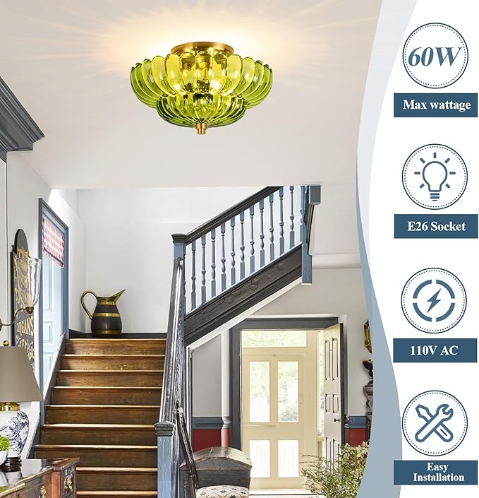Semi Flush Mount Ceiling Light, Modern Gold Ceiling Light with Green Glass,3 Lights Close to Ceiling Light Fixtures for Bedroom, Dining Room, Kitchen, Living Room, Entryway, Hallway