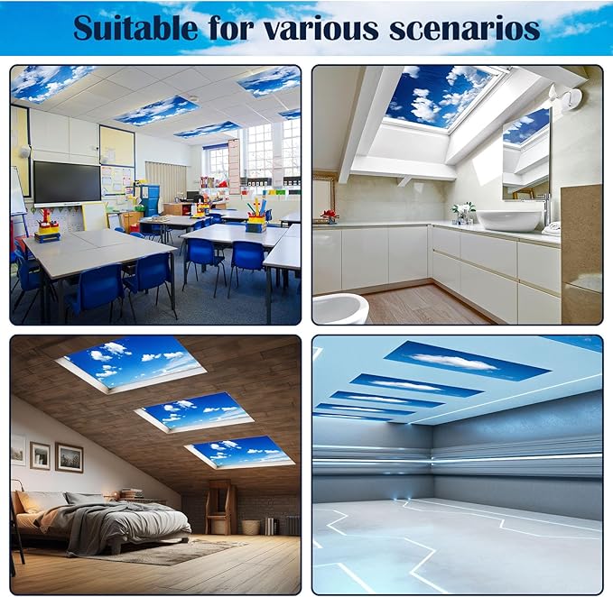 6 Pcs Fluorescent Light Covers for Ceiling Lights with 48 Magnets Decorative Magnetic Light Filters for Classroom Office Kitchen Decoration(Blue Sky)