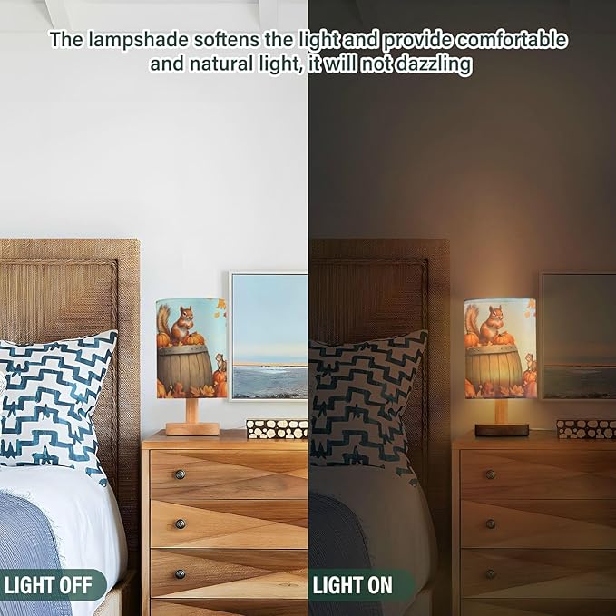 Aslsiy Fall Squirrel Pumpkins Maple Bedside Table Lamp Autumn Nightstand Lamp Night Light Fabric Shade for Bedroom Living Room Home Office